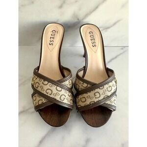 Vintage Guess Logo Slides Women's 7.5 Brown‎ Wood Heel Sandals